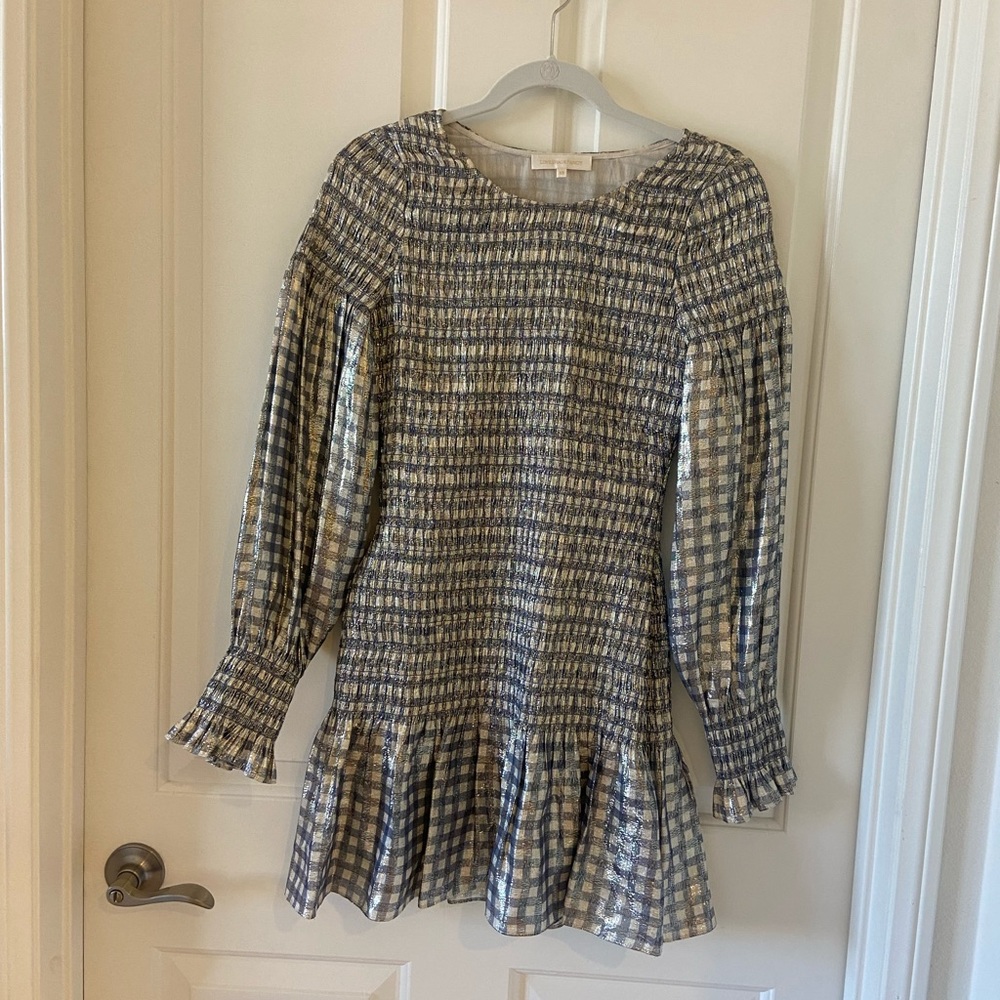 Loveshackfancy Women's Smocked Metallic Silver Shiny Holiday Dress Size XS - Picture 2 of 7